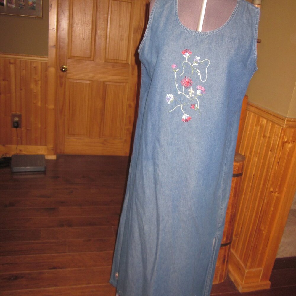 Vtg Carrie Allen long maxi embroidered denim dress cottage core lg